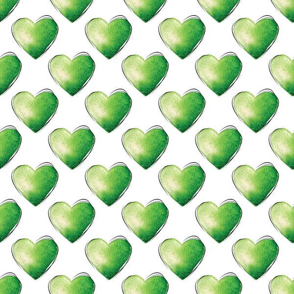 Kusursuz Desenli Yeşil Suluboya Elle Beyaz Arka Plana Kalpler Çizilmiş — Stok fotoğraf