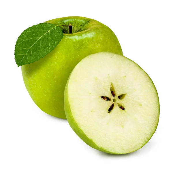 Una Manzana Verde Entera Granny Smith Con Hoja Una Cortada — Foto de Stock