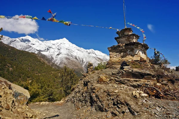 尼泊尔喜马拉雅山Annapurna环上的老佛塔 Stupa 和佛教祈祷旗 — 图库照片