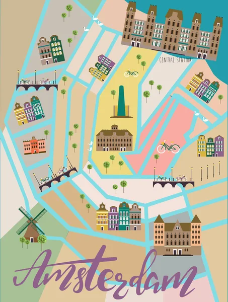 Illustrated map of Amsterdam — Stock Vector