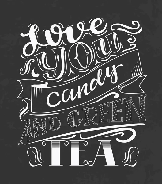 Love You candy and green tea hand drawn print — Stock Vector