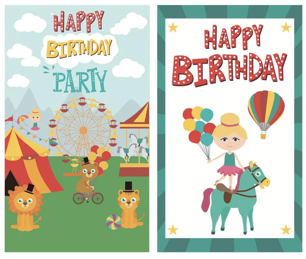 Conjunto de tarjeta de cumpleaños con tema de circo — Archivo Imágenes Vectoriales