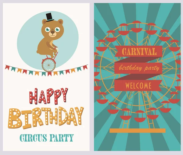 Набор открыток на день рождения с цирковой тематикой — стоковый вектор