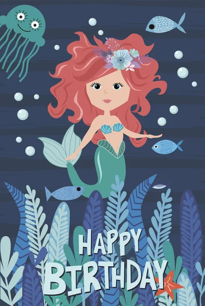 Glückwunschkarte zum Geburtstag mit Meerjungfrau und Meerestieren — Stockvektor