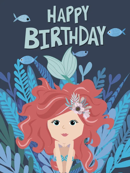 Tarjeta de feliz cumpleaños con sirena y vida marina — Archivo Imágenes Vectoriales