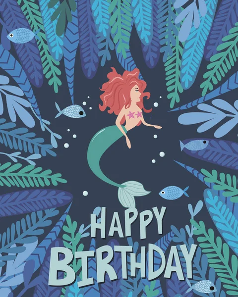 Tarjeta de feliz cumpleaños con sirena y vida marina — Archivo Imágenes Vectoriales