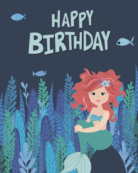 Tarjeta de feliz cumpleaños con sirena y vida marina — Archivo Imágenes Vectoriales
