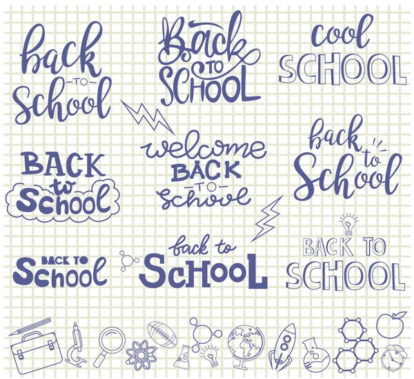 Voltar à tipografia da escola e lettering print e conjunto de ícones da escola — Vetor de Stock