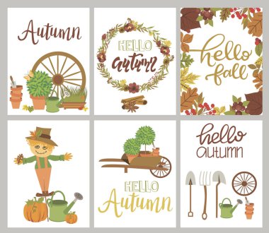 Bahçe aletleri ve yaprak ile sonbahar kartı dizi