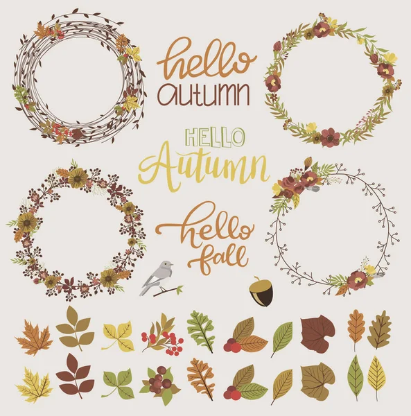 Conjunto de coronas y plantas dibujadas a mano de otoño — Vector de stock