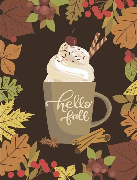 Herbstkarte mit süßem Getränk und Blatt — Stockvektor