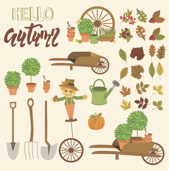 Sada na podzim ručně kreslené rostliny a zahradní prvky — Stockový vektor