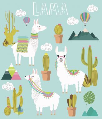 Set of Cute vector alpaca and cactus elements clipart