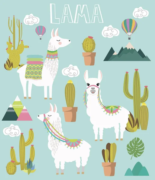 Set of Cute vector alpaca and cactus elements — Stock Vector