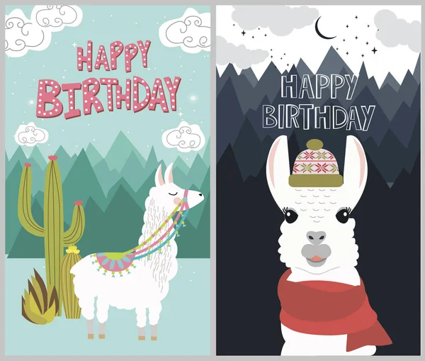 Happy birthday card with cute lama — Stock Vector