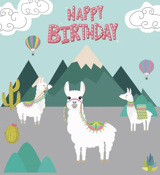生日快乐卡与可爱的喇嘛 — 图库矢量图片