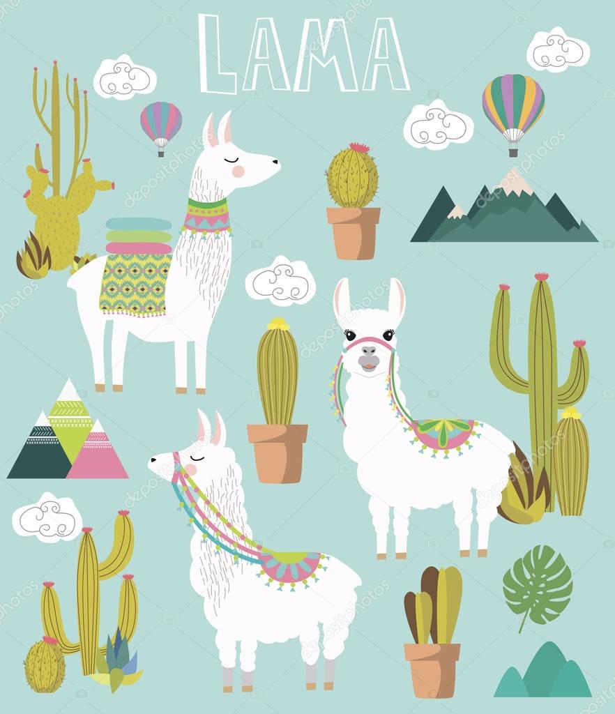 Set of Cute vector alpaca and cactus elements