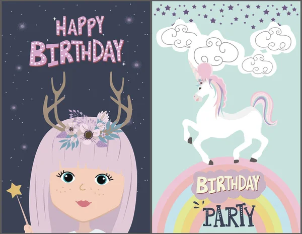 Magic Happy birthday greeting cards — Stock Vector