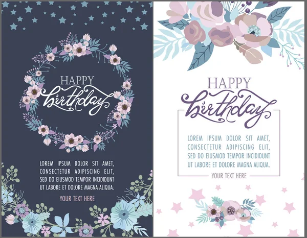 Magiczne urodziny kartki z wieniec kwiatowy i kwiaty — Wektor stockowy