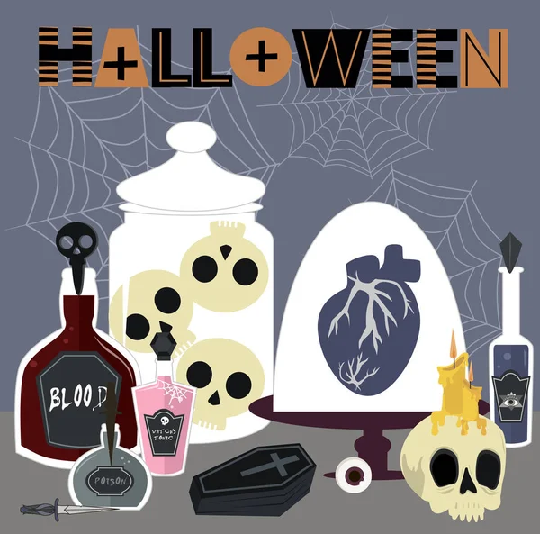Feliz cartão de Halloween com elementos místicos. Ilustração vetorial editável —  Vetores de Stock