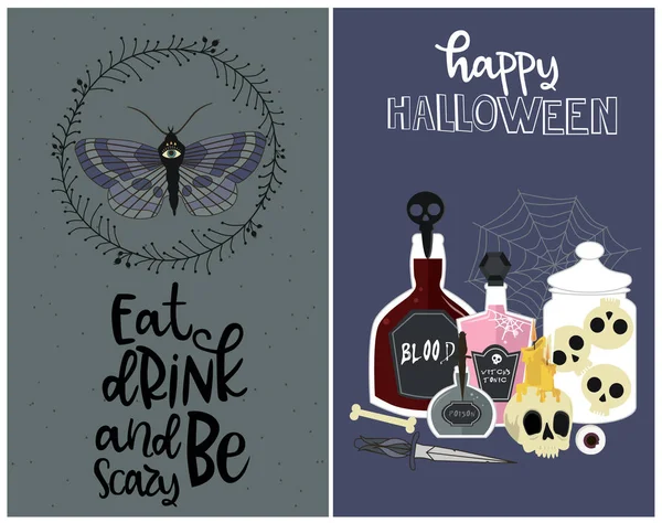 Set kartu Happy Halloween dengan elemen mistis - Stok Vektor