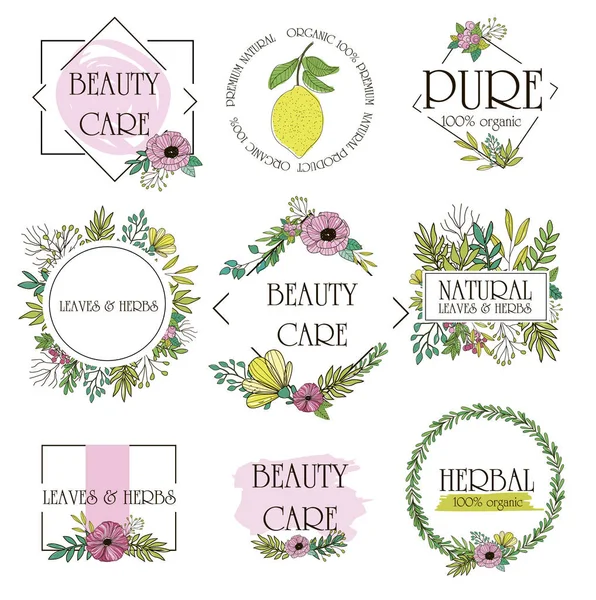 Conjunto de logotipos de ervas, frutas e flores — Vetor de Stock