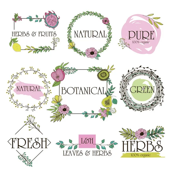 Herbs, fruits and flowers logos set — Stock Vector