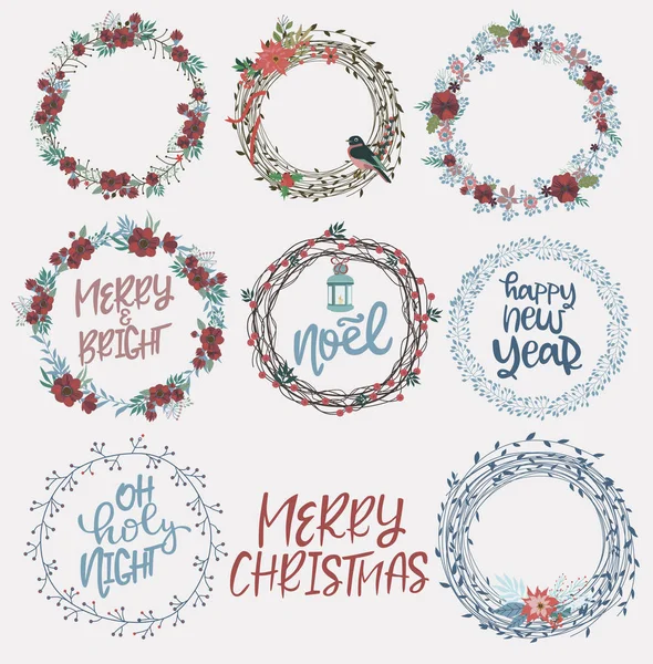 Set of lettering christmas floral wreath — Stock Vector