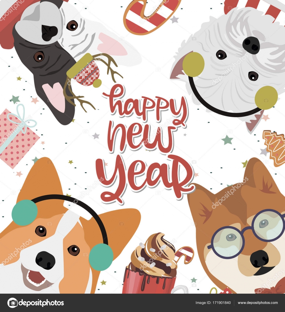 Greeting card for Christmas or Happy New Year with dogs Stock 