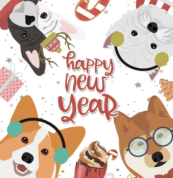 Tarjeta de felicitación para Navidad o Feliz Año Nuevo con perros — Vector de stock