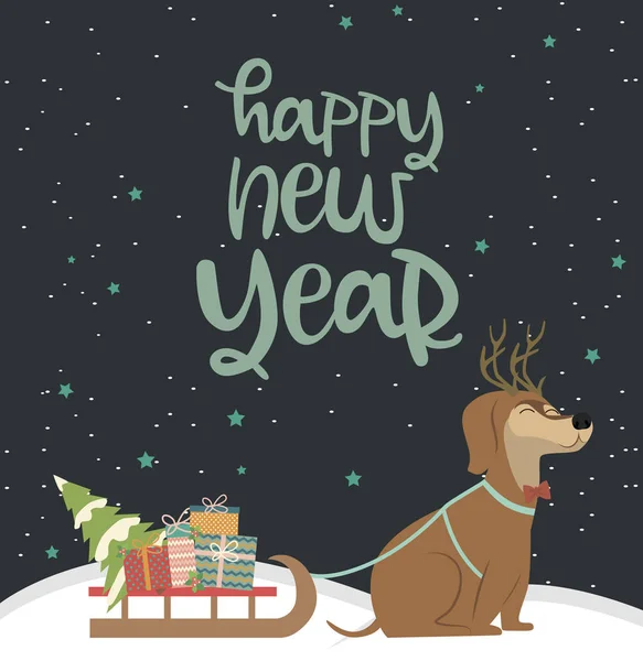 Tarjeta de felicitación para Navidad o Feliz Año Nuevo con perro — Vector de stock