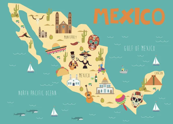 Carte illustrée du Mexique avec des monuments — Image vectorielle