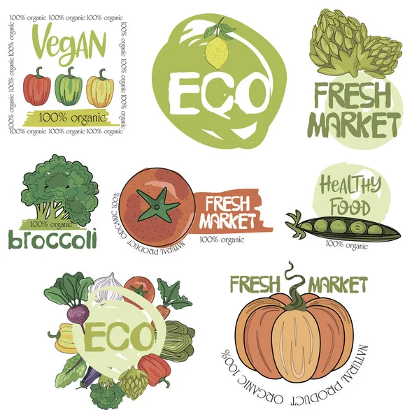 Set di logo disegnato a mano per alimenti biologici, sano, mercato fresco, verdure ecologiche — Vettoriale Stock