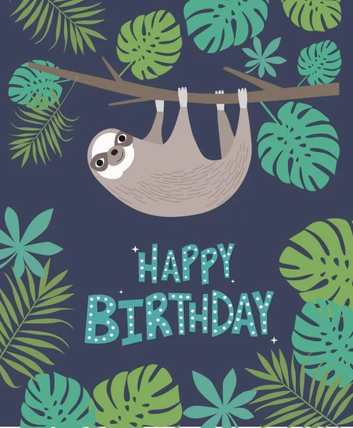 Buon compleanno con simpatico bradipo e piante tropicali. Illustrazione del vettore modificabile — Vettoriale Stock