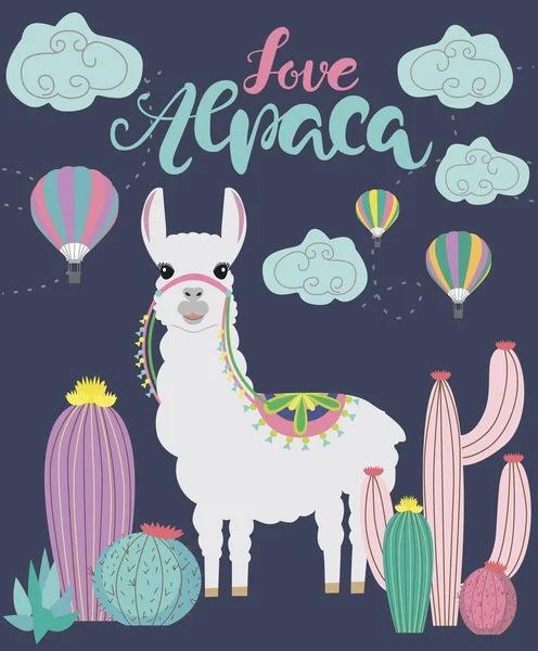 Alpaca liefde voor vakantie en decoratie met schattig Llama en cactus — Stockvector