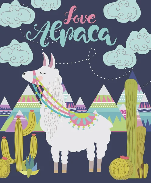 Tarjeta Amor Alpaca Para Vacaciones Decoración Con Llama Linda Cactus — Archivo Imágenes Vectoriales