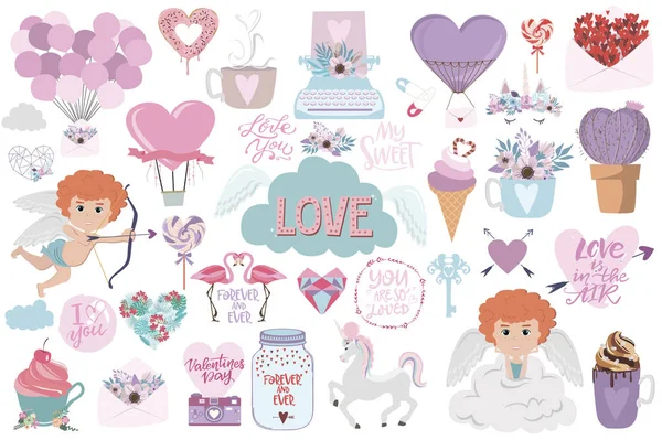 Ensemble d'icônes mignonnes avec un style romantique pour la Saint-Valentin, Enregistrer la date, le jour du mariage, vous aimez carte — Image vectorielle