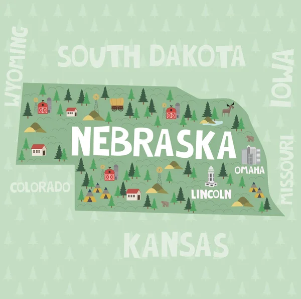 Mapa ilustrado del estado de Nebraska — Vector de stock