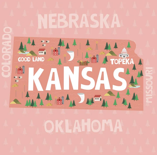 Ilustrovaná mapa státu Kansas — Stockový vektor