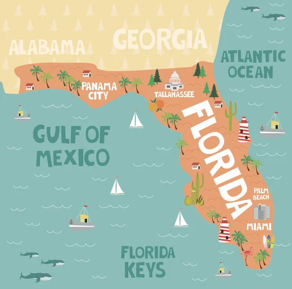 Mapa ilustrado del estado de Florida en Estados Unidos — Vector de stock