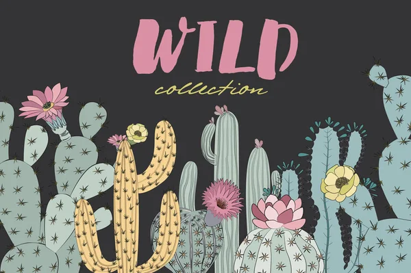 Horisontella Affisch Med Kaktus Och Saftiga Skiss Stil Redigerbara Vektorillustration — Stock vektor