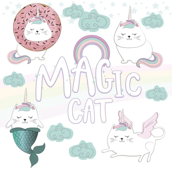 一套滑稽的插图与魔术猫独角兽, 美人鱼 — 图库矢量图片
