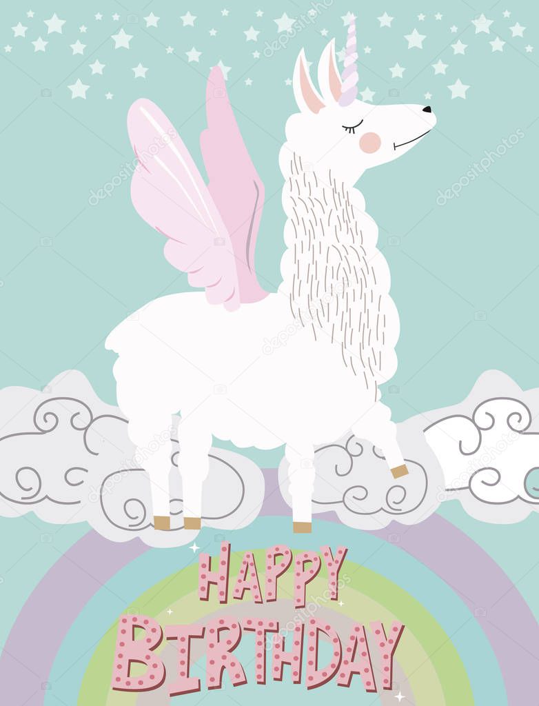 Funny illustration with alpaca unicorn and rainbow