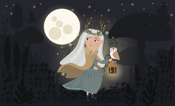 Ilustraciones del bosque mágico con niña y bosque nocturno . — Archivo Imágenes Vectoriales
