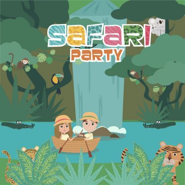 Safari parti poster vahşi hayvan ve çocuklar ile. Düzenlenebilir vektör çizim