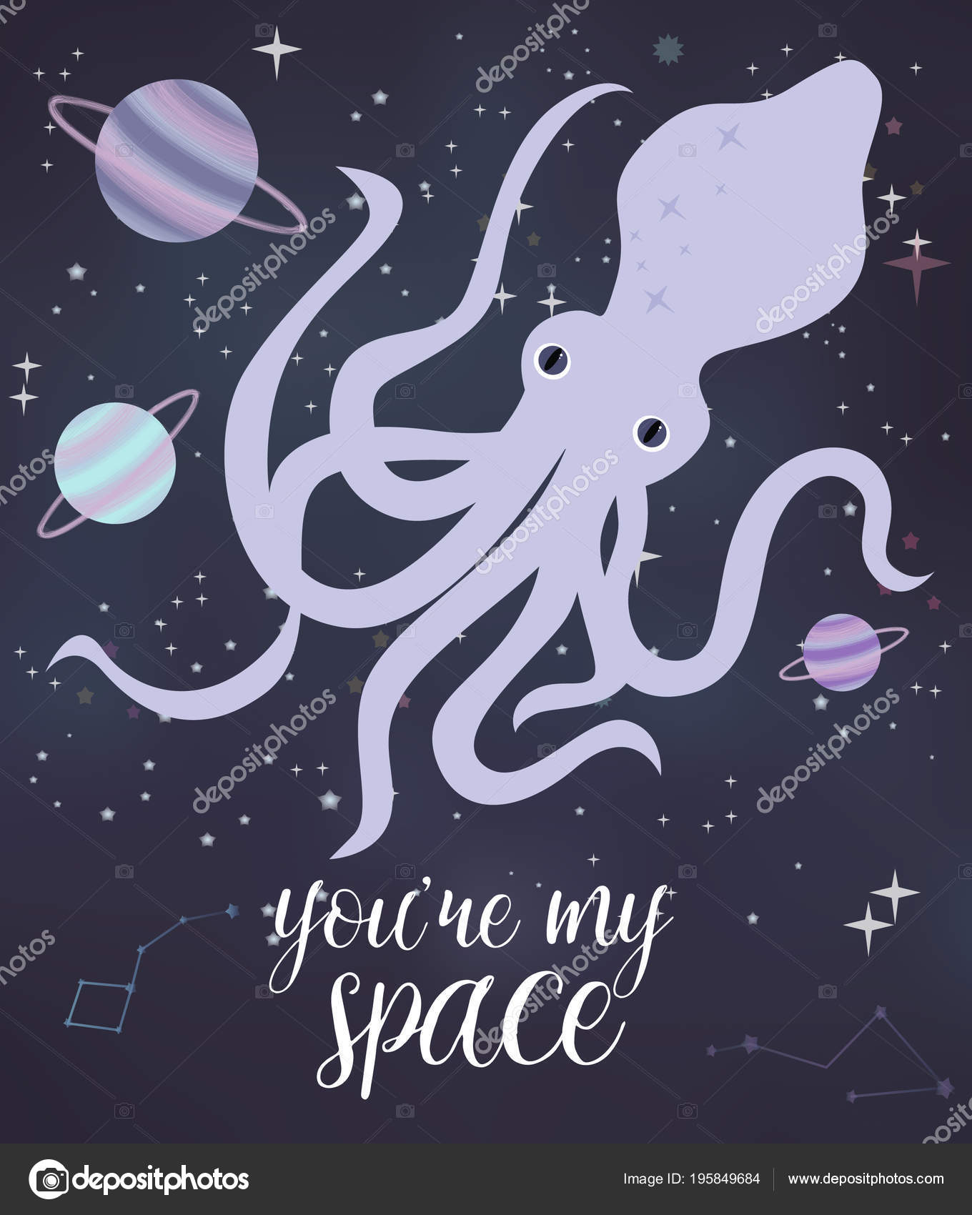海空間イラスト ポスター 海の動物と星と平面スペース背景 インスピ
