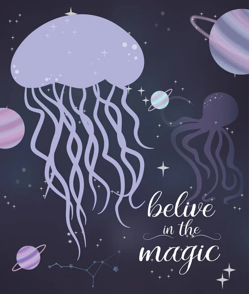 Плакат Иллюстрации Морского Пространства Морские Животные Космический Фон Звездами Плоскостью — стоковый вектор