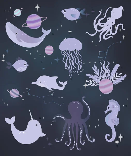 Plakat Ilustracja Morze Przestrzeni Zwierzęta Morskie Tło Gwiazd Płaszczyzny Ilustracja — Wektor stockowy