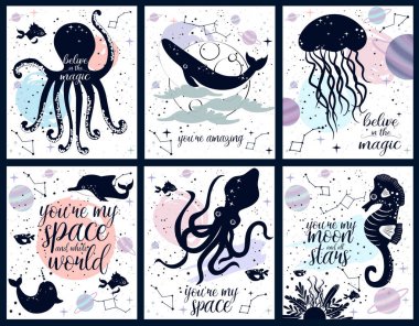 Deniz alanı illüstrasyon poster. Deniz hayvanları ve yıldız ve gezegen ile uzay arka plan. İlham tırnak. Düzenlenebilir vektör çizim