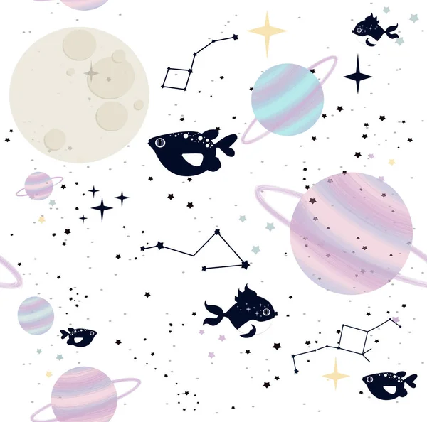 Seamless pattern with space stars, constellation, planet and sea animals. Editable vector illustration.